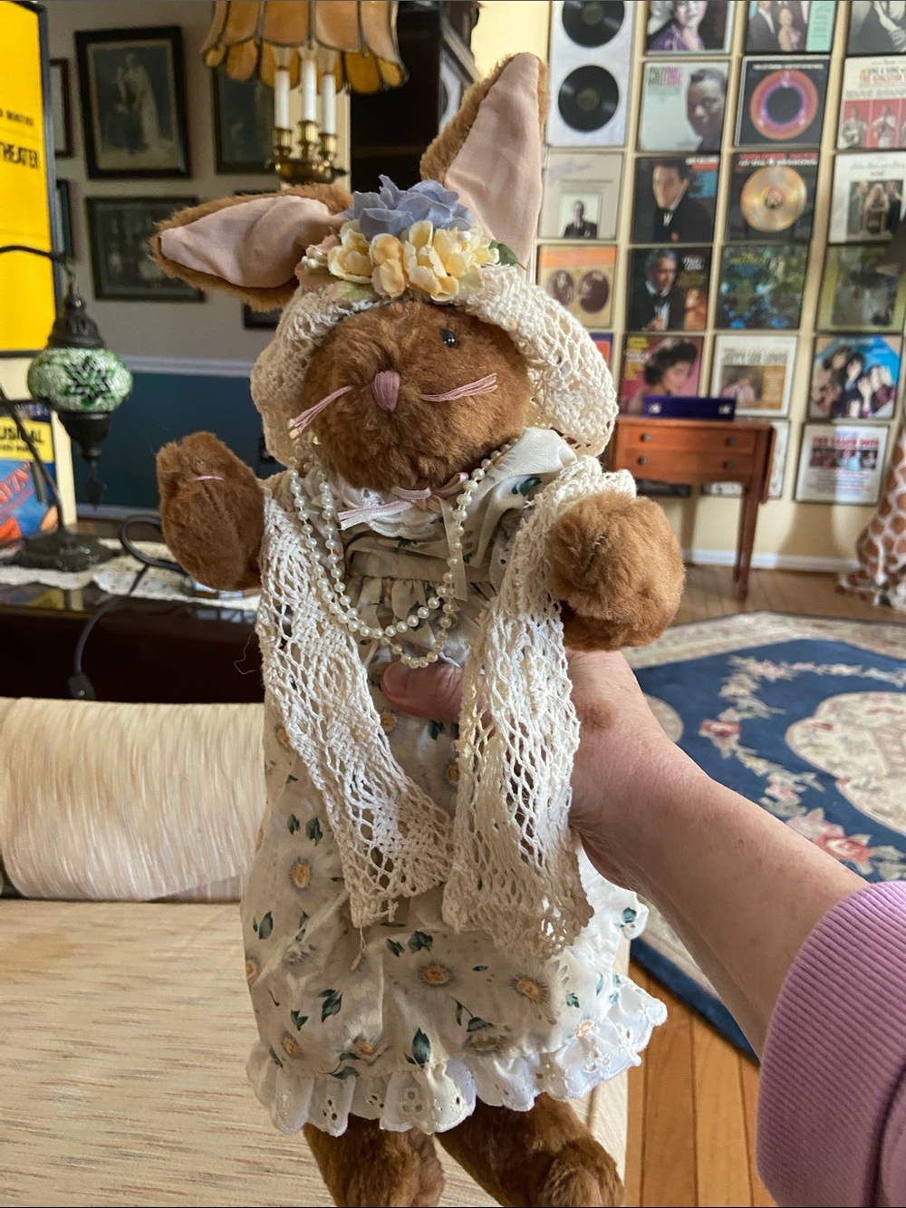 Vintage Style Brown Bunny Plush in Floral Dress with Lace